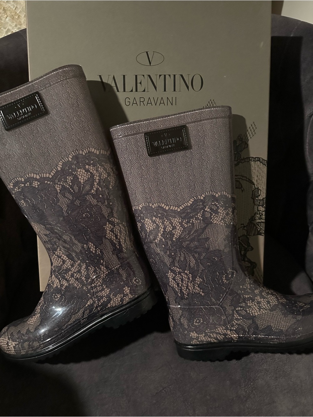 Valentino Garavani Black Lace-Effect Rain Boots New Never Worn with original box